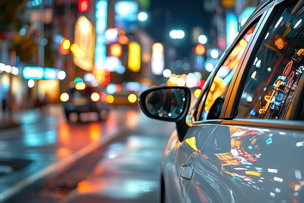 A view of a car from behind, in a lit up city at night.