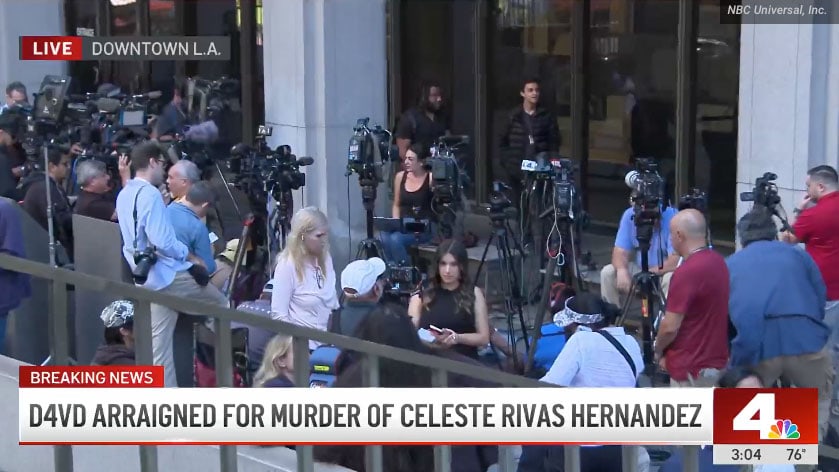 A gathering of media and press in front of an LA courthouse.