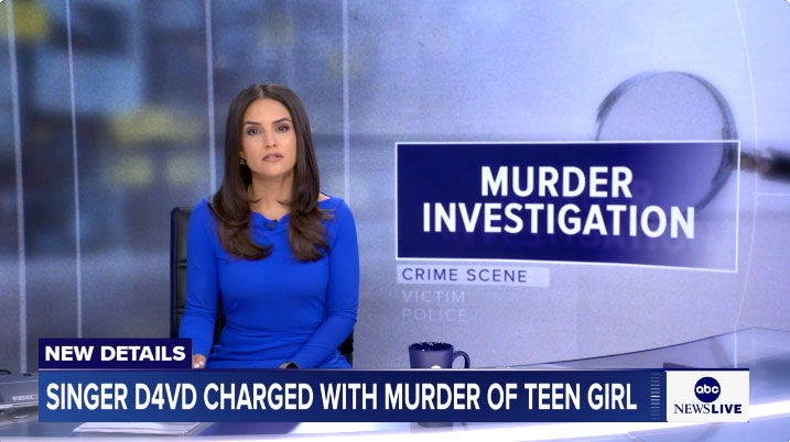 A female reporter talking about the D4vd murder case, with the words "Murder Investigation" on the screen