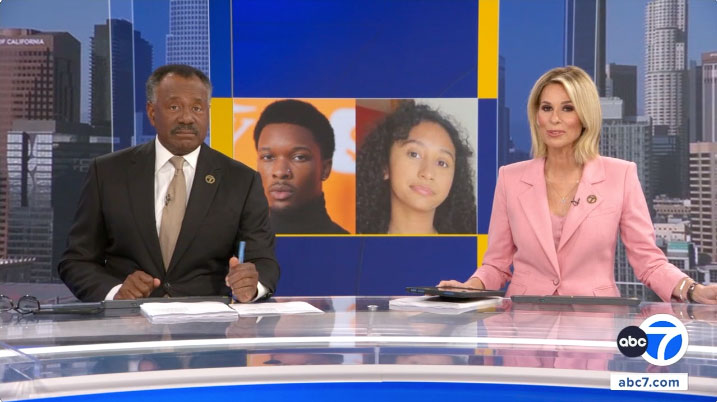 News anchors in front of a screen with photos of D4vd and Celeste