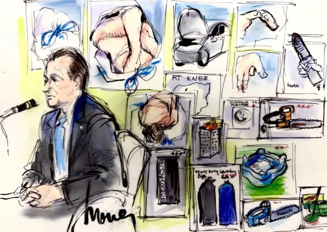 Courtroom sketch of man giving testimony.
