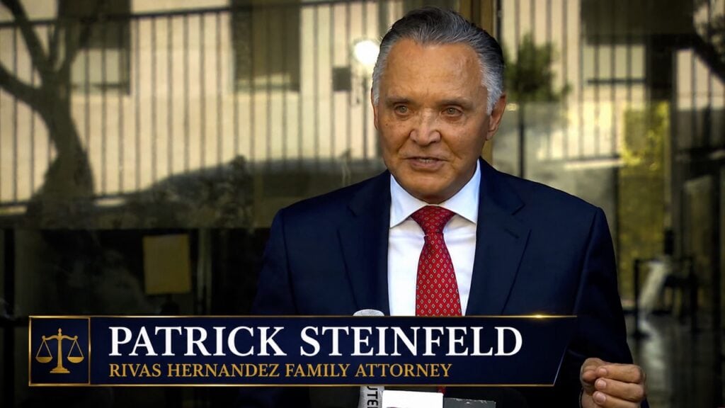 Patrick Steinfeld speaking to press outside of an LA courthouse